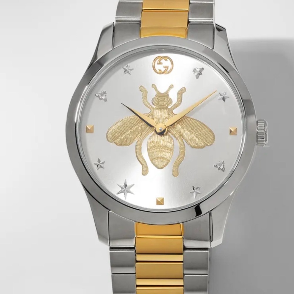 Gucci Men's Watch with Gold Bee and Silver Accents